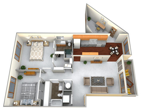 A 3D floor plan of a small apartment with a kitchen, living room, and bathroom.